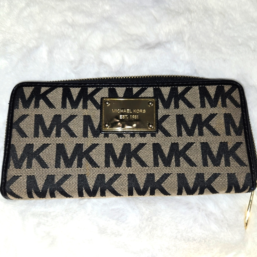Michael Kors Black and Tan Canvas  Logo Long Zip-Around Wallet